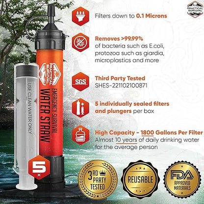 5-Pack Emergency Water Filter Straws (Reusable, No Expiry)